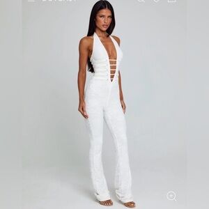 Plunging Halter Lace Jumpsuit in White